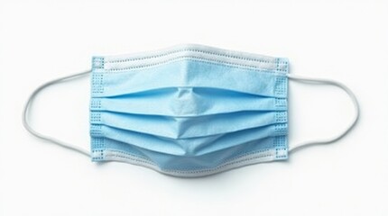 medical face mask on a white background, blue surgical mask with ear loops, detailed fabric texture, neatly folded pleats, neutral studio lighting, isolated image with no additional objects
