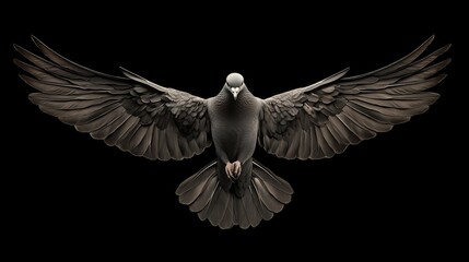 An intricate design of a mourning dove with its wings spread, gracefully set against a black background