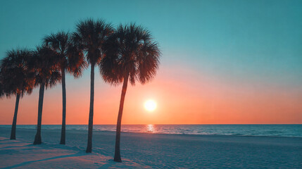 A serene beach scene with palm trees silhouetted against a vibrant sunset.