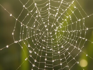 Naklejka premium Dew drops on a delicate spider web glisten in morning light, foggy landscape, wet web, spider web patterns