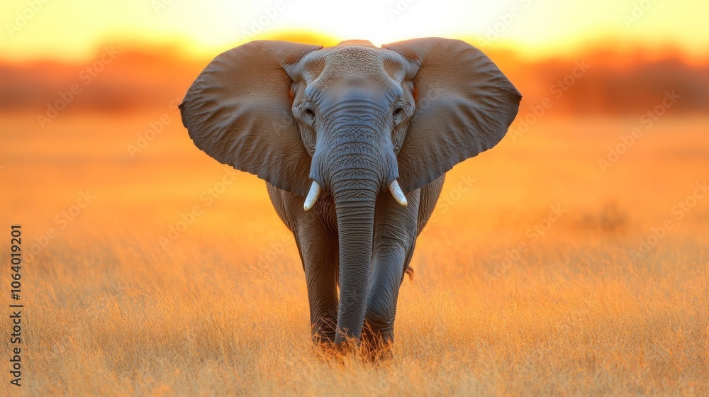 Poster a large african elephant walks towards the camera in a field of tall grass with the sun setting in t