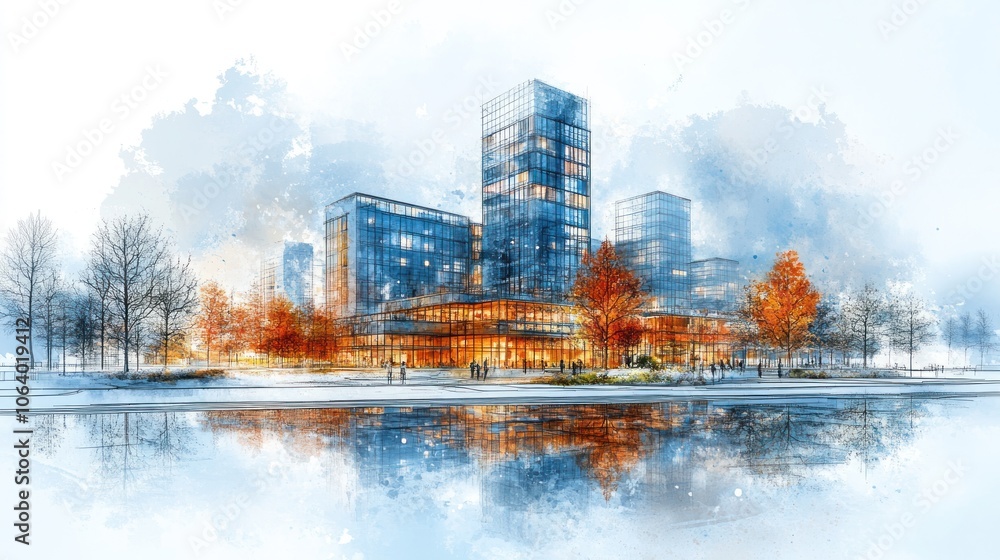 Aufkleber a modern architectural rendering of a multi-story building by a water body with autumn trees.