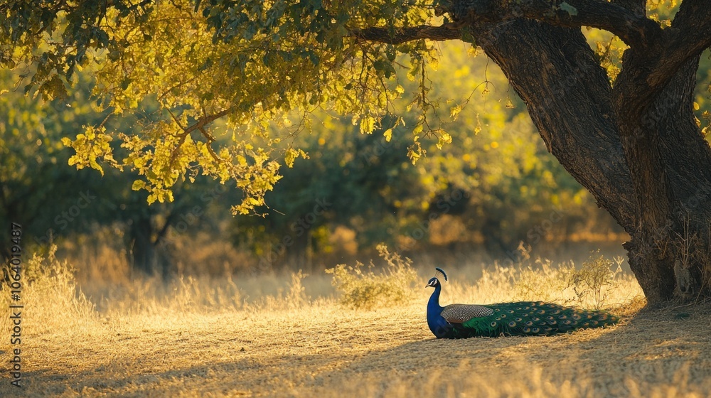 Poster A peacock rests under a tree in a field of golden grass, its tail feathers spread out behind it.