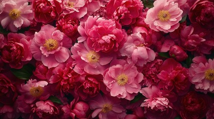 Obraz premium Close-up view of vibrant peony flowers in a flat lay arrangement on a soft surface showcasing their intricate details and vivid colors
