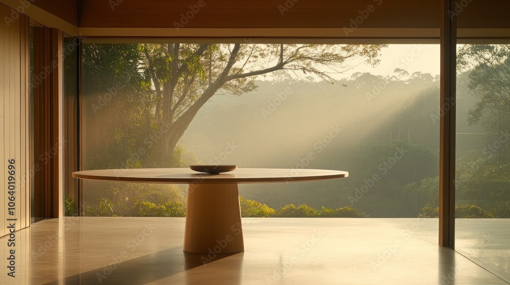 Poster a minimalist round table sits in front of a large window with a view of a misty forest.