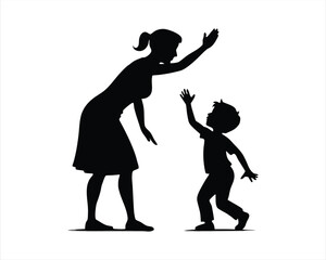 Black Silhouette of Child Giving a High Five to Mom - Heart warming Illustration for Family, Parenting, and Bonding Themes