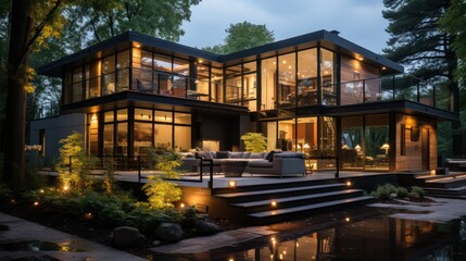 Obraz premium Modern glass house surrounded by greenery, illuminated at dusk.