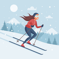 Woman skiing downhill against winter landscape. Winter sport. Flat illustration