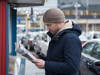 un hombre con un abrigo de invierno y un gorro leyendo atentamente un periódico en un quiosco al aire libre durante un frío día de invierno
