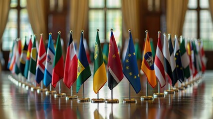 Diplomatic Gathering with National Flags as a Symbol of Unity