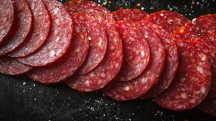 Artfully arranged slices of salami on a rustic wooden board against a dark background, highlighting rich textures and colors