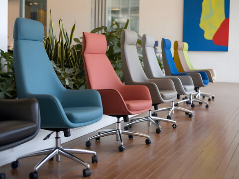 Una fila de sillas de oficina modernas con diferentes colores y dise&ntilde;os
