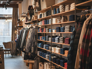 Naklejka premium tienda de ropa con estantes meticulosamente organizados llenos de ropa de invierno 