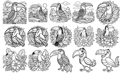 Intricate Toucan Coloring Page for Adults, Designed for Relaxation and Stress Relief, Perfect for Art Therapy Activities or Adult Coloring Books, High-Quality, Unique Line Art for Enjoyment.