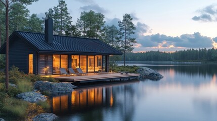 Fototapeta premium A serene lakeside cabin at dusk, reflecting warm lights and surrounded by nature.