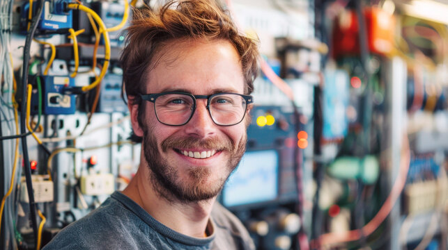 Caucasian male electrician with a mustache smiling at the camera, standing by a technical control panel.