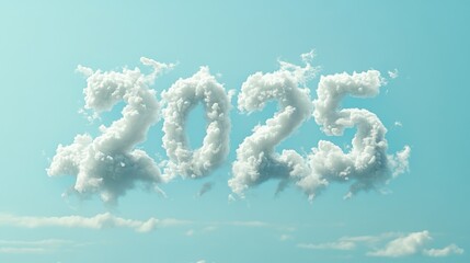 Fototapeta premium The year 2025 formed by white clouds against a light blue sky.