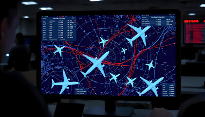 An air traffic control radar screen vividly displays real-time flight tracking data, showcasing planes' trajectories, altitudes, and speeds in a complex, interconnected network of air travel routes