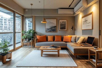 Cozy living room with orange cushions and indoor plants in a stylish urban apartment