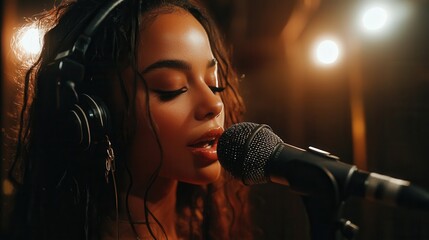 Young female singer recording soulful vocals in a recording studio for her upcoming album during evening hours