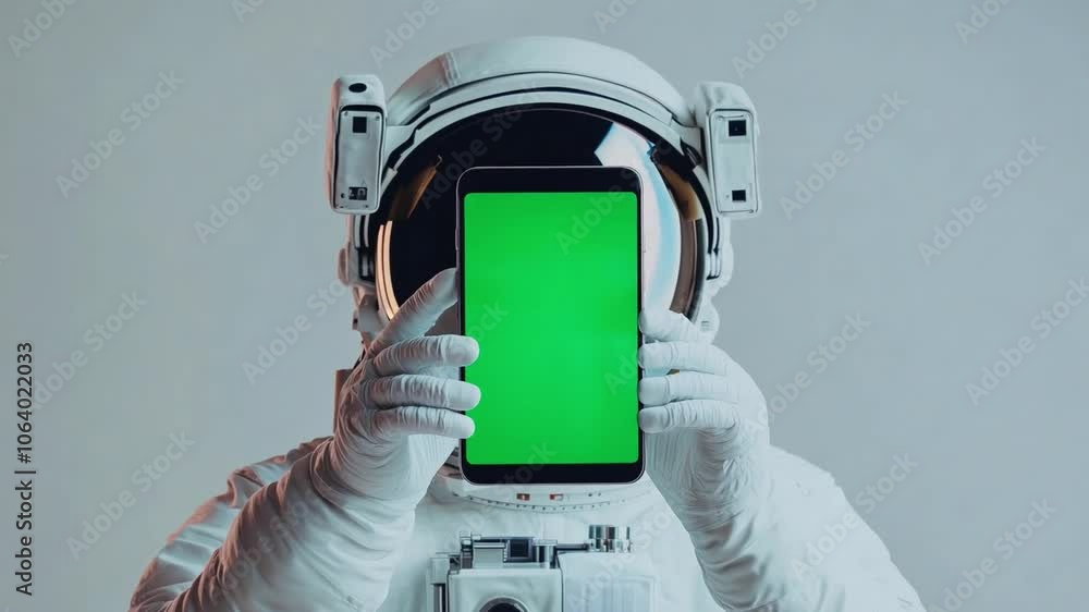Poster an astronaut showcases a smartphone with a green screen, symbolizing technology and space exploratio