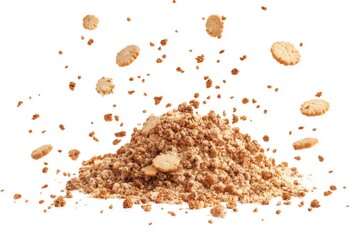 Large pile of light brown crumbly cookies scattered on white background. Cookies in various sizes, random positions, crumb texture. No text or objects, just cookies.