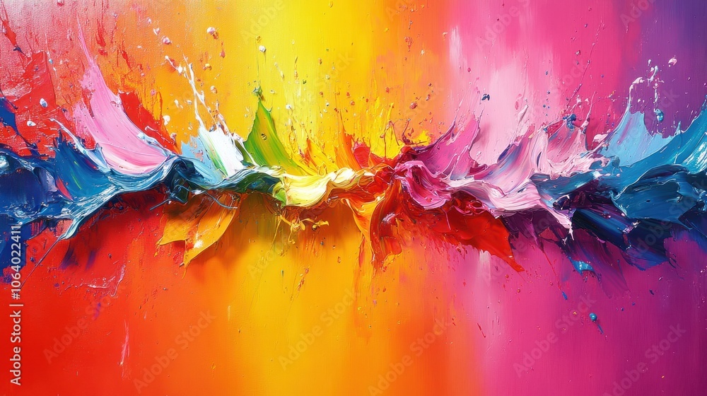 Poster a vibrant abstract painting showcasing dynamic splashes of color and movement.