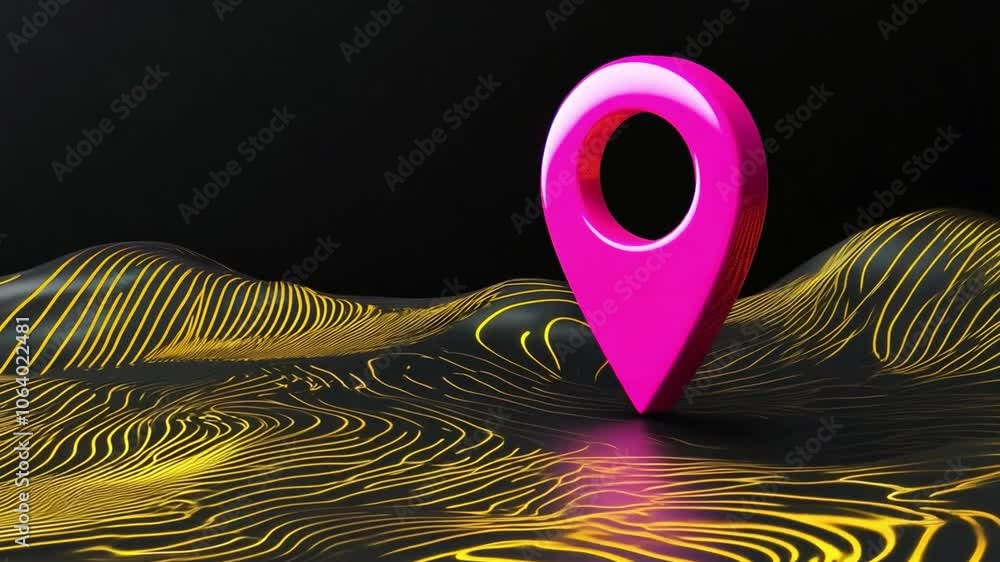 Poster a bright pink location pin is set against a black background with a and yellow swirling pattern, sho