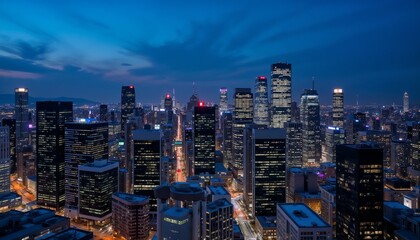 Naklejka premium Modern city skyline illuminated at dusk with blue twilight and glowing office buildings in urban downtown metropolis