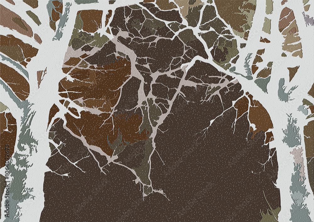 Poster abstract trees and branches snow covered and blue sky - graphics with 3d effect of bas-relief and fa