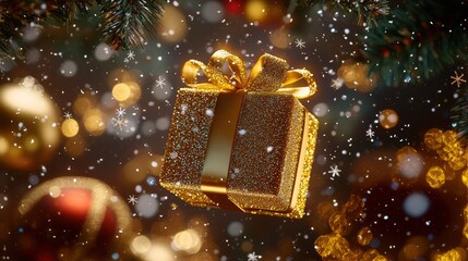 A glittering gold gift box suspended amidst falling snow