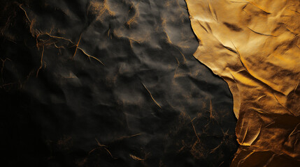Dark background, golden light on the right side of an abstract texture of dark black and gold paper, with bottom left corner illuminated by the warm glow of sunset, creating a mysterious atmosphere