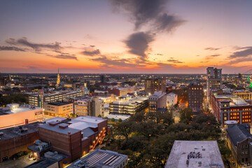 Savannah, Georgia. American architecture with illuminated streets and historical buildings