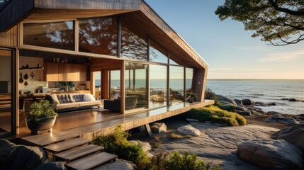 Obraz premium Modern coastal home with large windows overlooking the ocean at sunset.