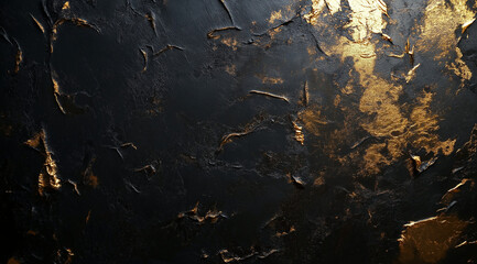 Dark background, golden light on the right side of an abstract texture of dark black and gold paper, with bottom left corner illuminated by the warm glow of sunset, creating a mysterious atmosphere