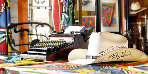Texas-Sized Inspiration: A cowboy hat resting on a typewriter with "dream" displayed, surrounded by scenic photos of Texas