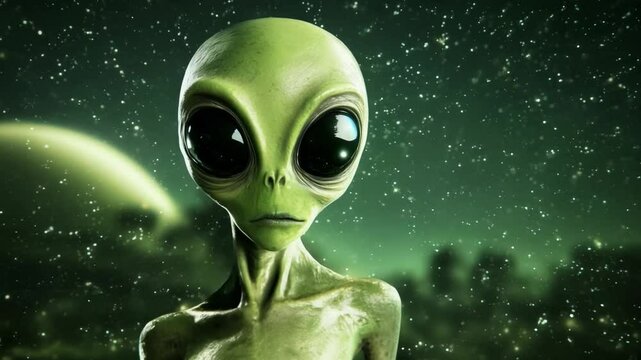 A green extraterrestrial alien being with oversized eyes stares curiously as a backdrop of stars and planets creates a cosmic setting