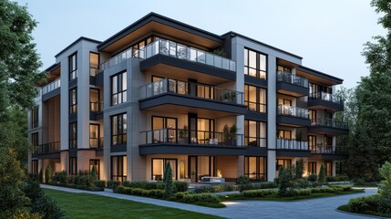 Fototapeta premium Modern multi-story residential building with balconies and landscaped surroundings.