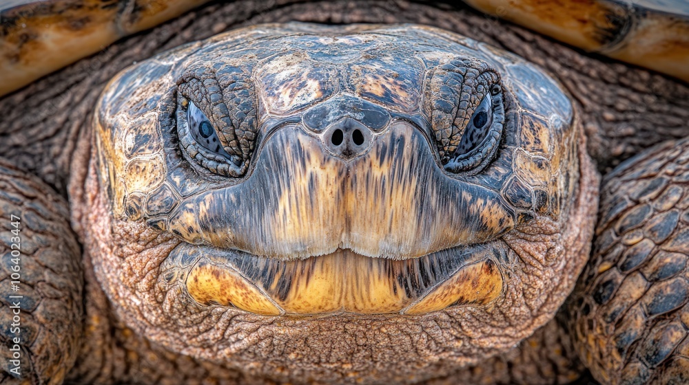 Poster close-up portrait of a galapagos tortoise with a serious expression, showing its textured shell and 