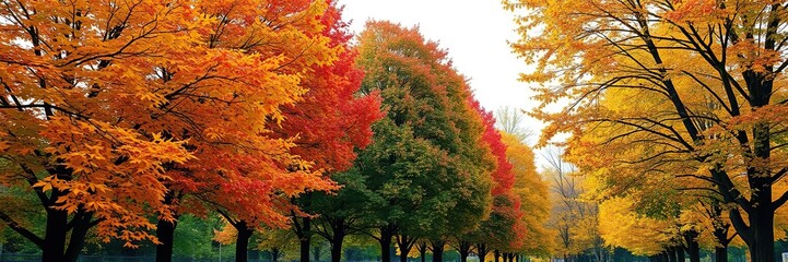 Leafy trees in a park on a breezy autumn day, with vibrant yellow, red and orange hues, warm light, tree branches, scenic view