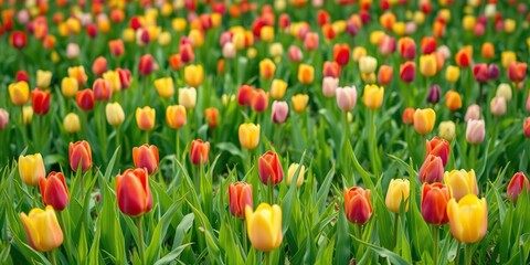 Lush Green Grass Under a Sea of Colorful Tulips, garden scenery, spring flowers, flowering plants