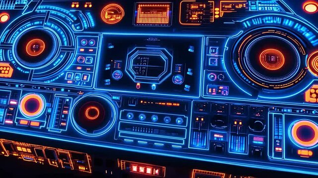 A futuristic control panel glows with blue and orange lights, showing various buttons and dials