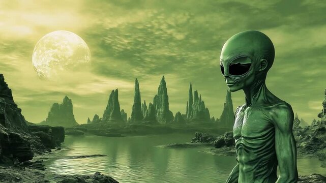 A green skinned alien figure gazes thoughtfully at a tranquil lake, framed by jagged rocks and a bright, glowing moon at a distant planet