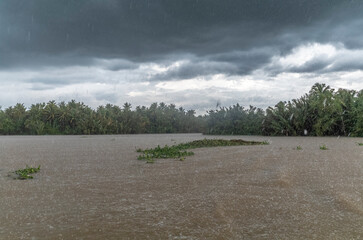 Monsoon rain and storm on the canals in Ben Tre in Vietnam