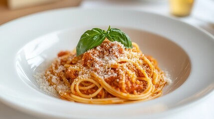 Delicious plate of spaghetti with rich tomato sauce, Parmesan cheese, and fresh basil in a cozy Italian kitchen setting