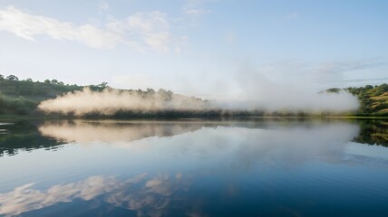 Fototapeta premium Serene lake with mist circle and green landscape