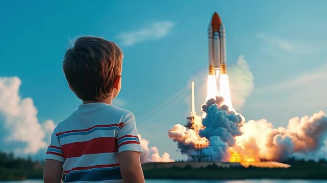 A boy stands captivated as a rocket ascends into the blue sky, sending plumes of smoke into the air during daylight