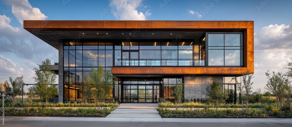 Poster modern architectural building with large windows and a sleek design set in landscaped surroundings.