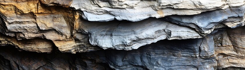 Close-up of a rugged cliff face with layered rock formations in shades of brown, grey, and black.