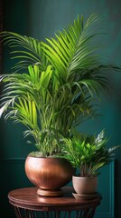 A serene indoor space decorated with various green plants on a wooden table against a teal wall